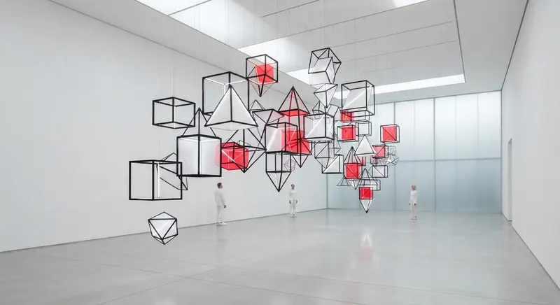 Bright minimalist interior with wireframe geometric installations, Beacon Hill collection